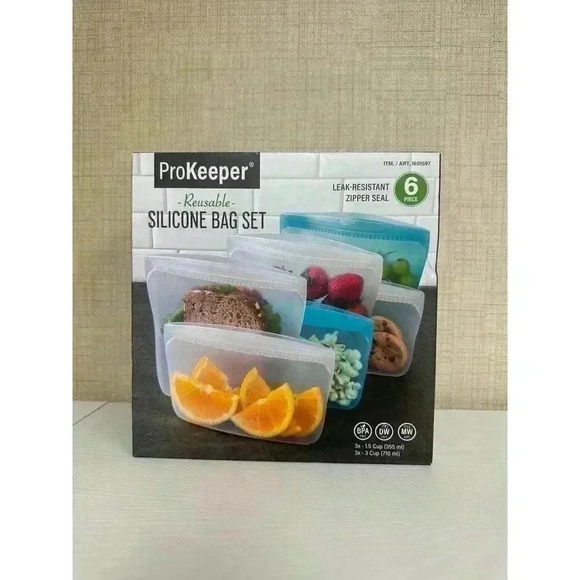 Prokeeper 6 Piece Reusable Silicone Bag Set Microwavable, Dishwasher Safe - Picture 1 of 4